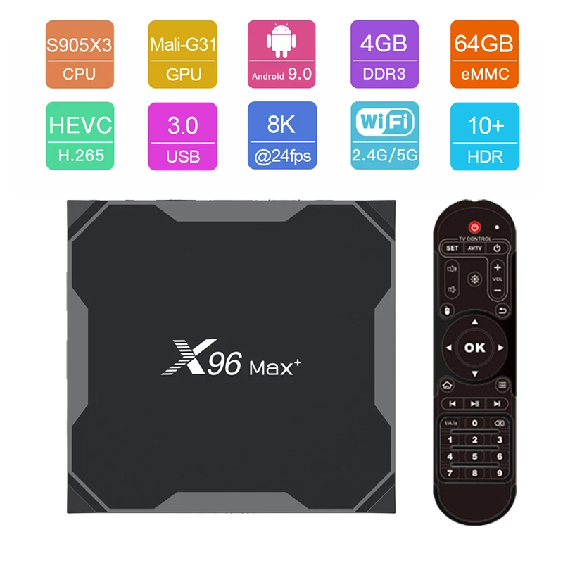 X96 MAX PLUS TV Box Android 9.0 MAX 4GB 64GB Amlogic S905X3 Smart TV Box 4K TV Android Box 2.4G&5G Wifi BT4.0 H.265 X96 MAX