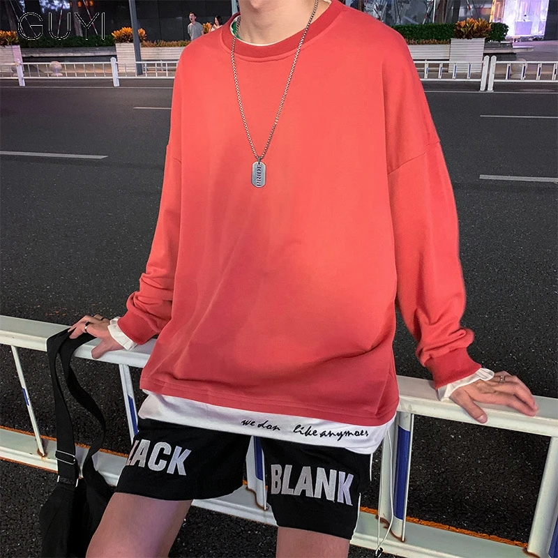 Red hoodies GUYI письмо поддельные из двух частей повседневные красные толстовки и свитшоты для мужчин осень пуловер с длинным рукавом Свободные модные черные хип хоп топы - Цвет: Red hoodies