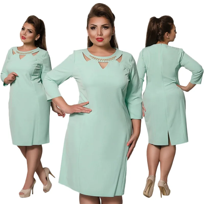 Женская одежда для работы осень плюс размер OL Jurk Midi Vestidos выдалбливают бисером женское шикарное офисное платье 6XL 5XL AF651