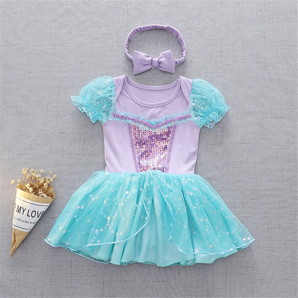 Fancy Fairy Baby Romper Elsa Ariel Belle Rapunzel Princess Costume 1 Year Birthday Tutu Dress Lace Headband Christening Baptism 3