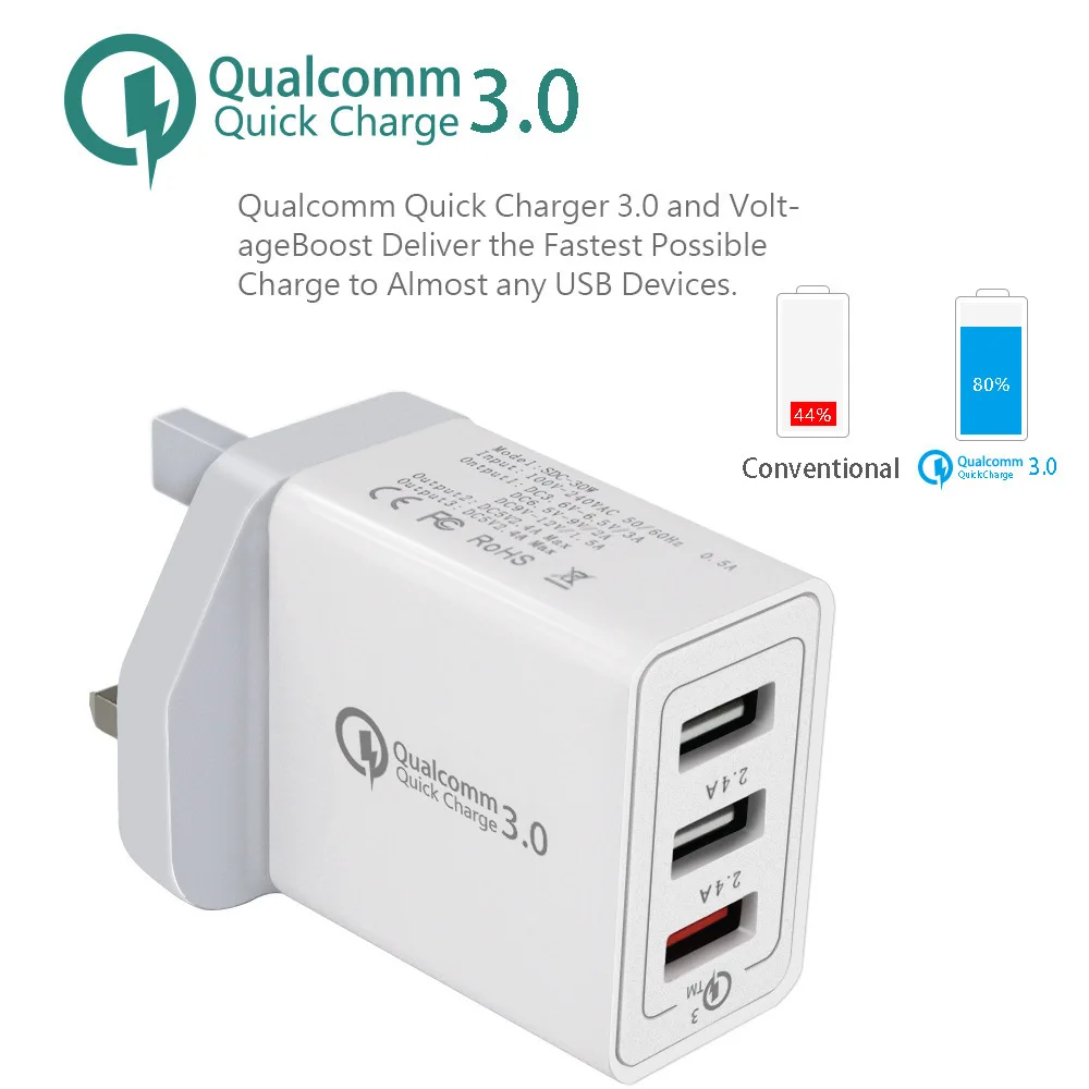 1 шт. Топ QC3.0Wall Charger3USB Быстрая Зарядка адаптер питания для путешествий зарядка US EU