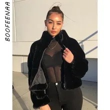 BOOFEENAA, черное меховое зимнее пальто для женщин, на молнии, искусственный мех, укороченная плюшевая куртка с меховым рукавом, милая плюшевая верхняя одежда, C67-AF37