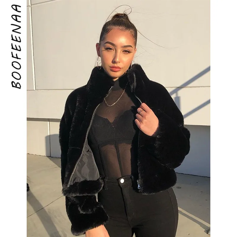 BOOFEENAA черное меховое зимнее пальто для женщин на молнии искусственный мех