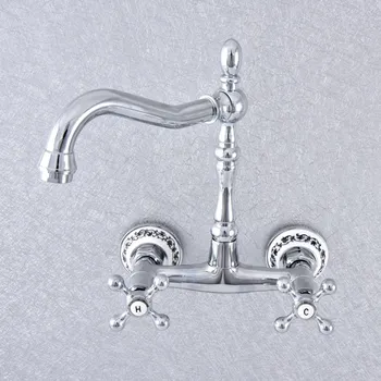 

Polished Chrome Brass Ceramic Base Wall Mounted Bathroom Kitchen Sink Faucet Swivel Spout Mixer Tap Dual Cross Handles msf788