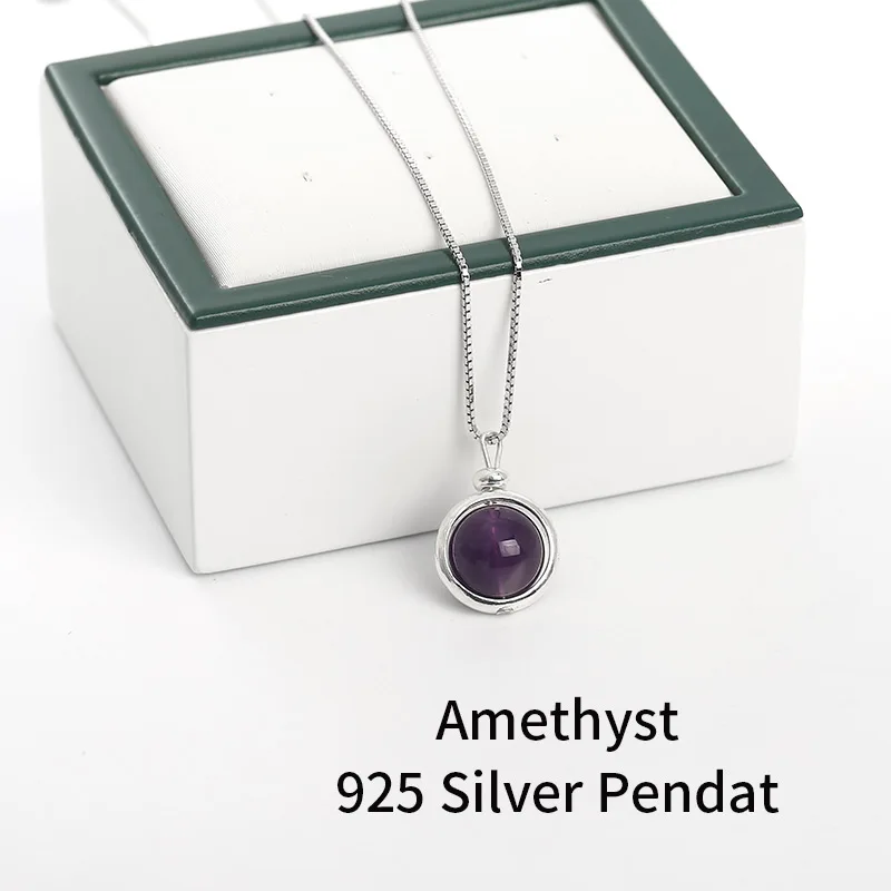 Amethyst JD Классический Горячий 925 пробы серебро 8 мм натуральный Малахит BlueLapis Кристалл Опал камень тигровый глаз счастливый кулон ожерелье 1" на каждый день - Окраска металла: Amethyst