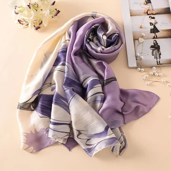 

Women Silk scarf Big Flower Print Purple Beach Shawl luxury Silk Scarves Wrap Shawl Scarves Female Women's Scarf 180*90cm