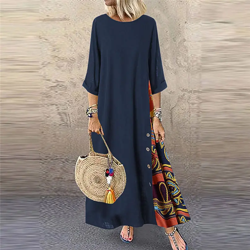 New Fashion Women Cotton Linen Dress Autumn Casual Patchwork 34 Sleeves O-Neck Button Plus Size Long Dress Women clothing 3A14 (3)