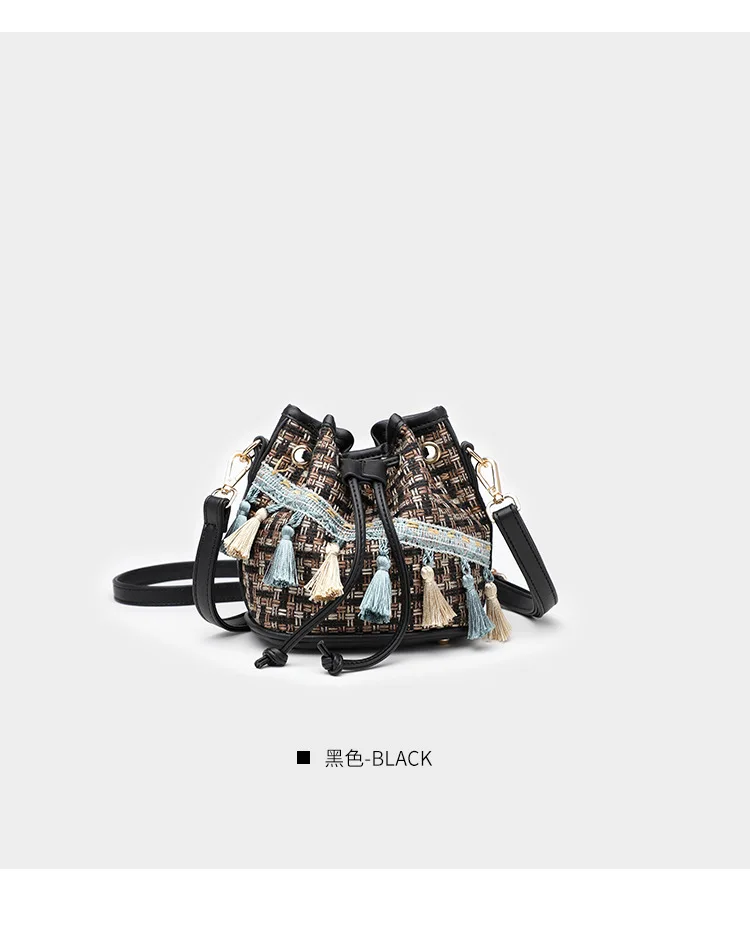 Luxury Brand Handbag Women's Bag Quilted tweed Busket bag Fashion Lady Bohemia Tassel Bags Female Drawstring Crossbody Bag Purse (21)