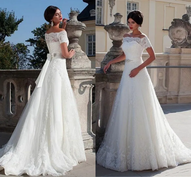 

2020 Elegant Tulle Off-the-shoulder A-line Wedding Dress With Lace Appliques Beads Short Sleeves Bridal Dresses robe ed mairee