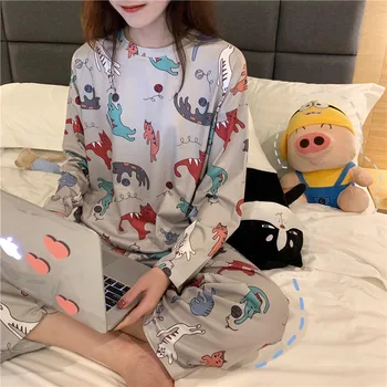 

Spring Women Pajamas Set New Long Sleeve Cute Cartoon Print Pajamas Round-neck Sleepwear Cotton Female Home Service Pijamas