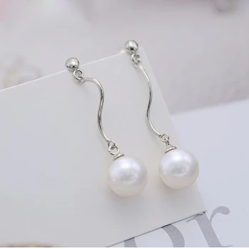 

MeiBaPJ 8-9mm Round Natural Freshwater Pearl Wavy Line Drop Earrings Real 925 Sterling Silver Fine Charm Jewelry for Women