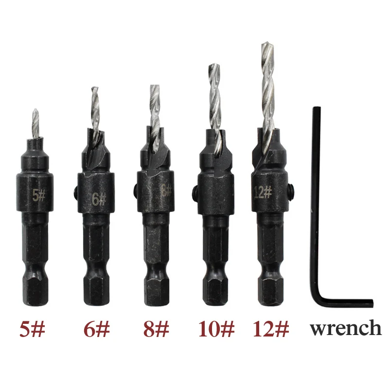 

1Set 5# 6# 8# 10# 12# Flute Countersink Drill Bits Woodworking Drill Bit Set Drilling Pilot Holes For Screw Size With 1 Wrench
