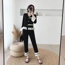 

Spring Autumn Women Set Fashion Patchwork Knitting Cardigans + Pants Black Knitting Set Female