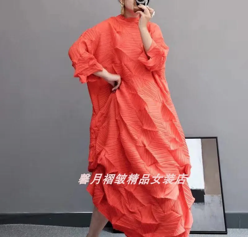 Горячая Miyake модное платье со складками со стразами, однотонное Свободное длинное платье со стоячим воротником