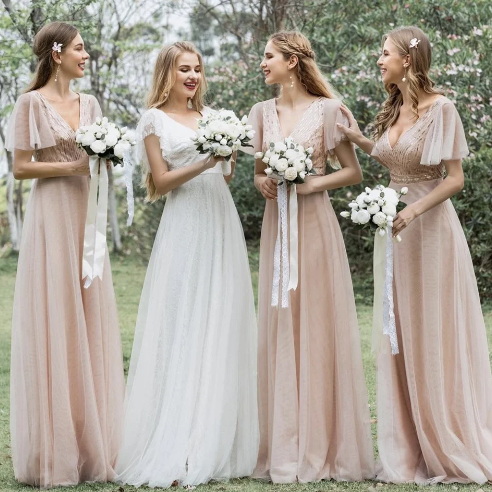 Dusty Pink Elegant Formal Wedding Bridesmaid Dress Deep V Neck Short ...