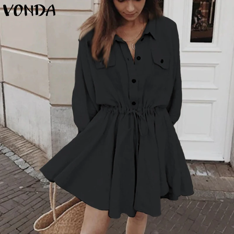 VONDA, женское платье, повседневное, свободное, длинный рукав, отложной воротник, мини платье,, осень, длинный рукав, рубашки, офисный сарафан размера плюс