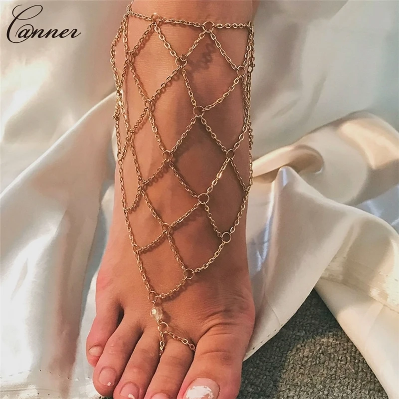 CANNER Exaggerated Hollow Mesh Chains Anklets for Women Gold Color Mesh Chains Leg Bracelet Barefoot Sandals Foot Jewelry Q40 CANNER Exaggerated Hollow Mesh Chains Anklets for Women Gold Color Mesh Chains Leg Bracelet Barefoot Sandals Foot Jewelry Q40