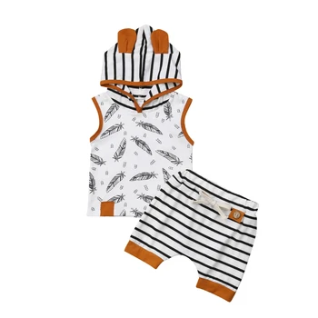 

New 2pcs Set Toddler Baby Boy Girl Feather Hooded 0-24 Months Clothes T-shirt Tops+Stripe Shorts Pants Outfits Summer Clothes