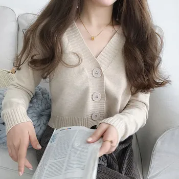 

Korean Short Cardigan Women Autumn New V Neck Button sexy sweaters Female Vintage Cute Multicolor Long Sleeve Cardigans Sweater