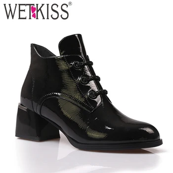 

WETKISS Big Size Ladies Ankle Boots Patent Pu Round Toe Booties Easy Walking Thick Med Heels Winter Boot Female Shoes Woman