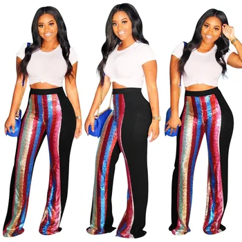 

Women Sequins Woman Elastic High Waist Wide Leg Pants Lady Dance Patchwork Glitter Trousers Female Pants F346