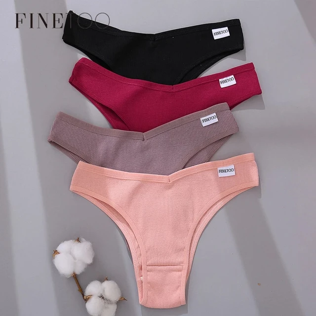 FINETOO Cotton Brazilian Panties Women Sexy V Waist G-String Underwear Female T-back Underpants M-XL Lady Bikini Panty 3Pcs/set 1