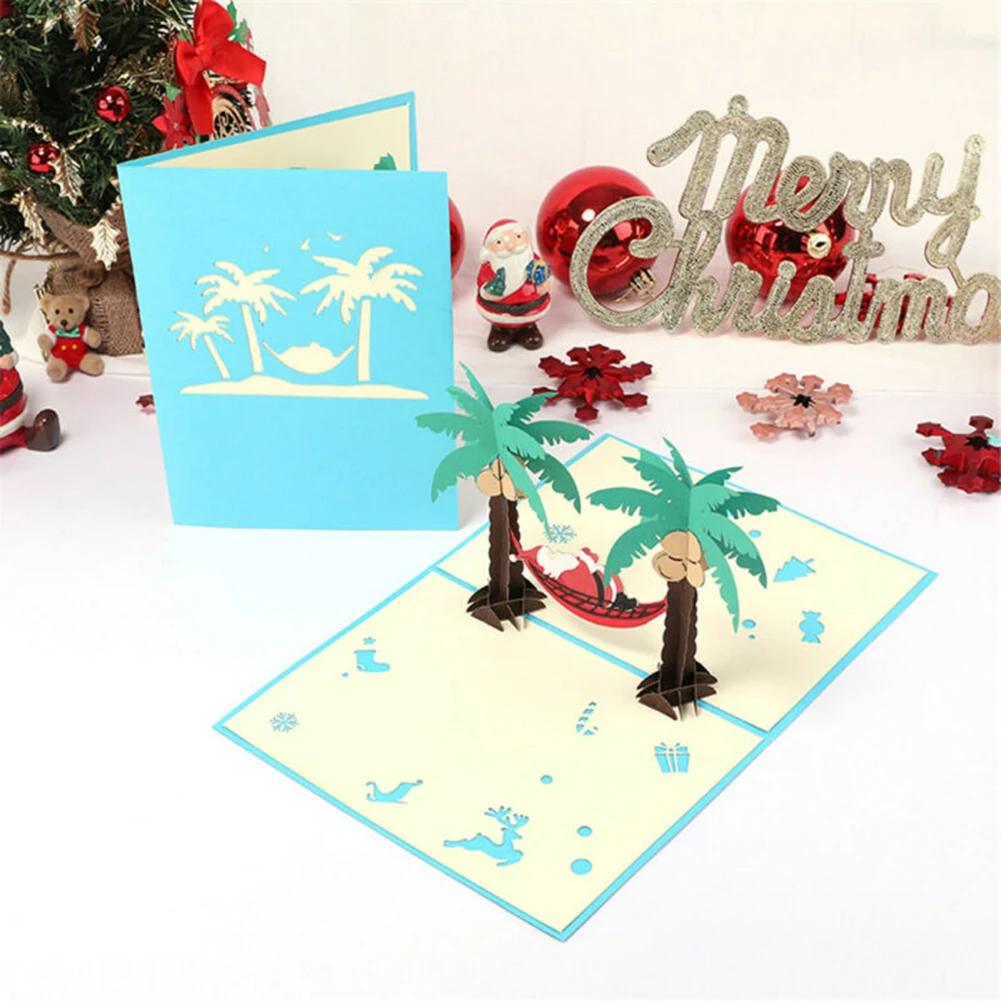  3D Coconut Tree Santa Christmas Birthday Greeting Invitation Cards Postcard Gift Holiday Supplies - 4000215577068