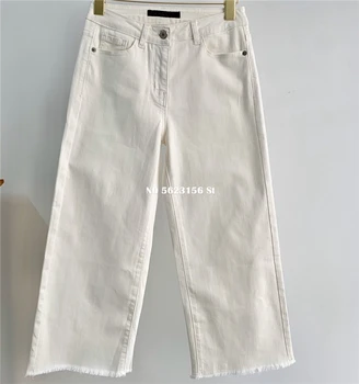 

Summer New White Tassel Wide Leg Pants Korean Women's Cotton Denim Fabric Full Length Pants Plus Size Women Clothes