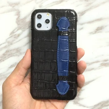 

Solque Cute genuine leather crocodile cases for iPhone 11 Pro Max phone Luxury hand strap holder thin hard cover Black mix color