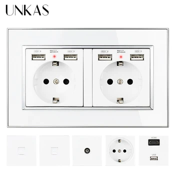 

UNKAS Acrylic Panel EU / French Socket With Dual USB Port + TV RJ11 Telephone RJ45 Internet Computer Jack 146mm * 86mm Outlet