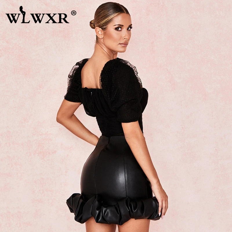 WLWXR, Сексуальные клубные женские юбки из искусственной кожи,, черная эластичная юбка с оборками и высокой талией, женская короткая юбка-карандаш