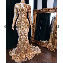 Гламурное Золотое длинное платье для выпускного вечера, Новое поступление, блестящее кружевное платье с длинным рукавом и высоким воротом, платье русалки в африканском стиле для выпускного вечера, 2K20 на заказ