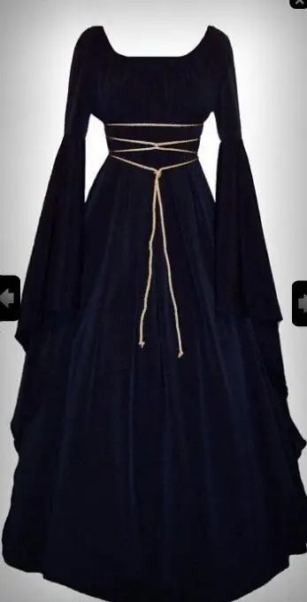 Винтажное женское платье для Хэллоуина, карнавальный костюм, однотонная средневековая туника, элегантные платья викторианская Лолита, тонкое платье с круглым вырезом, платье s-xxl - Цвет: Navy Blue