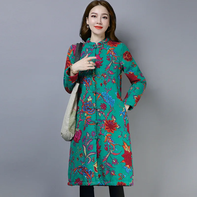 

2019 Autumn And Winter New Style plus Velvet Thick Cotton Thick Pattern Print Retro National Wind Large Size Mid-length Cotton O