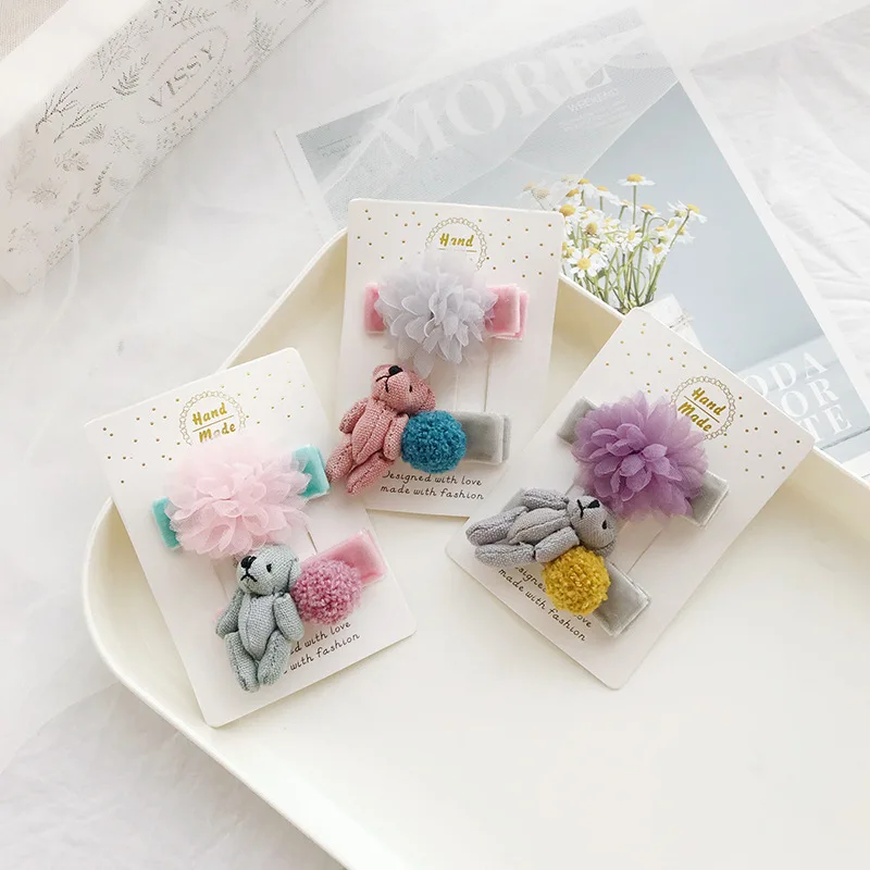 

Boutique ins 12Sets Fashion Cute Pom Pom Bear Hairpins Solid Gauze Floral Hair Clips Princess Headwear Party Hair Accessories