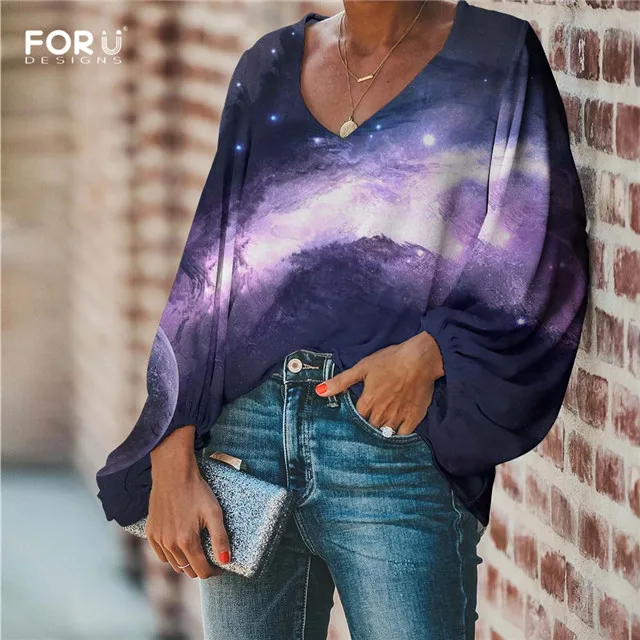FORUDESIGNS/Женские блузки с космическим принтом, блузка с длинным рукавом, свободная туника, рубашки с v-образным вырезом, женская шифоновая блузка, сексуальные топы - Цвет: HMP553B2