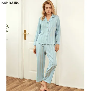 

Women Pajamas Set Satin Silk Sleepwear Long Sleeve Turn-down Collar Buttons Nightshirts Elastic Waist Pants Pajama Homewear