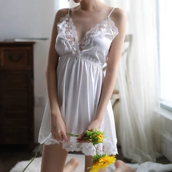 

2020 Sexy Dress V-neck Sleepwear Satin Nightgown Slip Nighties Summer Lace Lingerie For Women Sleeveless Nightdress Gown