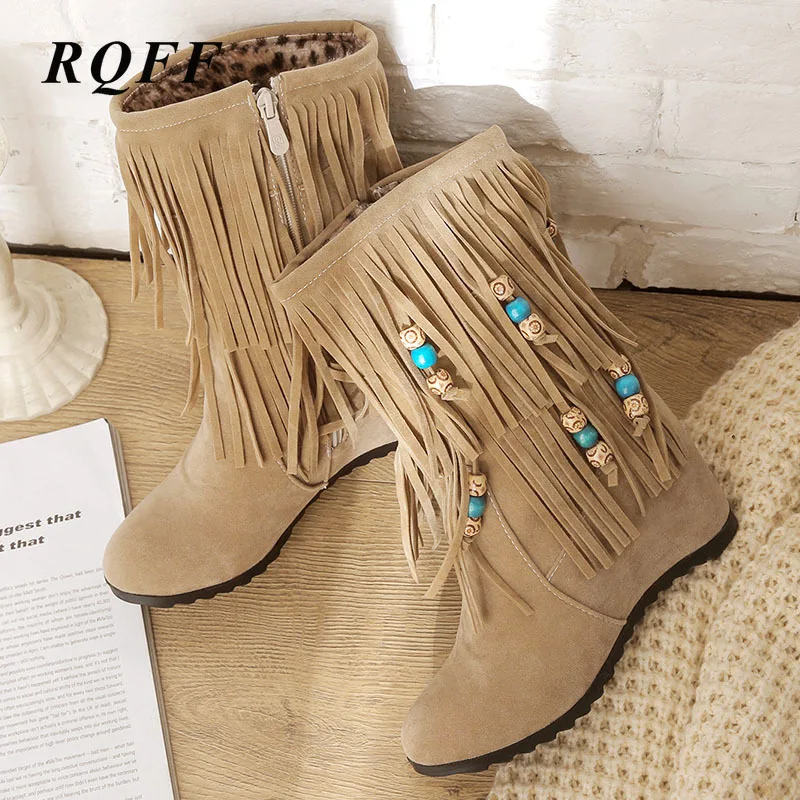 

2019 New Women Fashion Shoes Fringe Autumn Winter Ankle Boots Woman Round Toe Basic Zip Ladies Boot Big Size 9 Beige Black Red