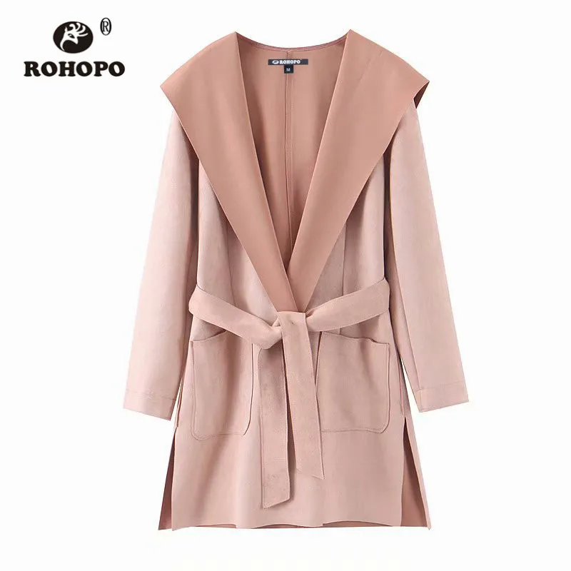 ROHOPO V Lapel collar Waistband Suede Solid Trench Coat Black Pink Side Split Hem Welted Pockets Fake Leather Overcoat#9292