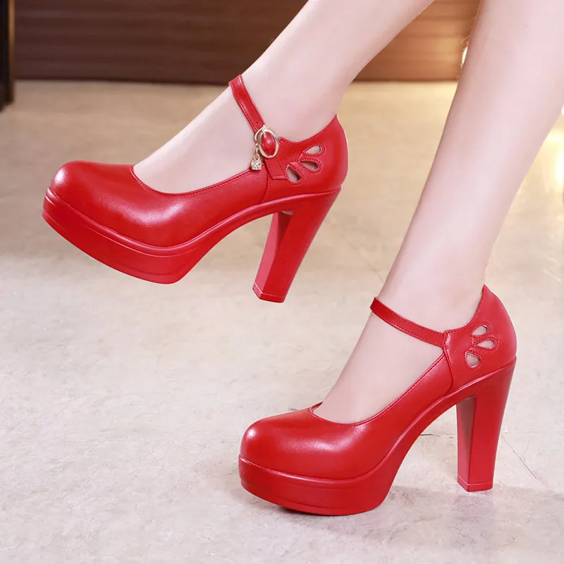 10cm heel red Обувь на платформе с квадратным каблуком и круглым носком; женские туфли-лодочки; коллекция года; свадебные туфли на высоком каблуке; женская офисная обувь из спилка; большие размеры - Цвет: 10cm heel red