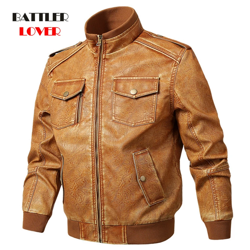 Men Cow Leather Jackets Motorcycle Stand Collar Zipper Pocket Male Plus Size M-5XL Coats Biker Genuine Leather Fashion Outerwear