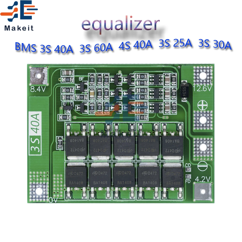 Smart BMS 3S 4S 25A 30A 40A 60A 12v 48v 18650 Li-ion Lithium Battery Charger Protection Balance Board With Balancers Equalizer |