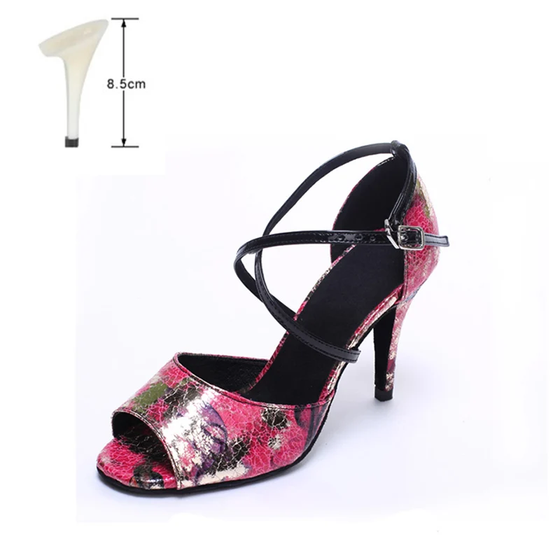 red 8.5cm indoor Женские туфли для латинских танцев 10/8, 5/7, 5, 6 см, с принтом, из PU искусственной кожи, на высоком каблуке, с мягкой подошвой, бальные туфли для танго - Цвет: red 8.5cm indoor
