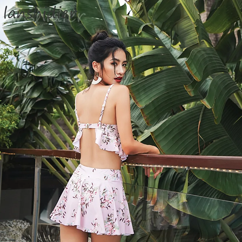 

Three-piece Set South Korea Swimsuit Women's Elegant New Style Split Type Small Bust Gathering Slimming Belly Covering Small qin