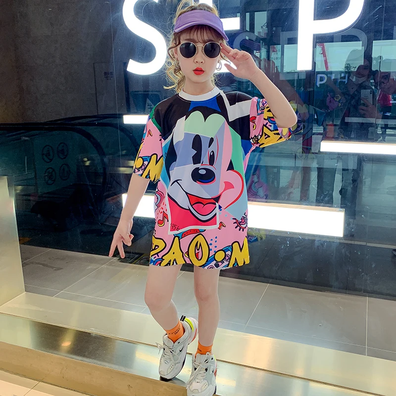 Summer girls long t shirt Baby tee dress kids dress Children vestidos streetwear clothesmickey print short sleeve 4 to 14 yrs