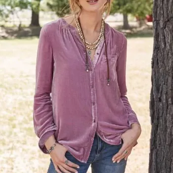 

Women Spring Autumn Long Sleeve Blouse Silk and Viscose V-neck Single-breasted Shirt And Top Casual Single Pocket Shirts