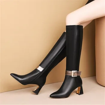 

PXELENA Plus Size 34-43 Brand New Women Knee High Boots Strange Heels Real Cow Leather Buckle Fashion Long Boots Winter Shoes