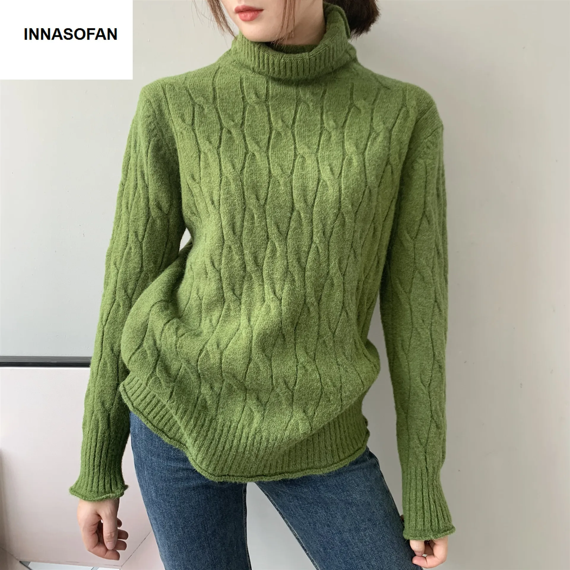 INNASOFAN, теплый вязаный свитер для женщин, осень, весна, свитер с длинными рукавами, евро-американская мода, шикарный свитер с высоким воротником, однотонный цвет