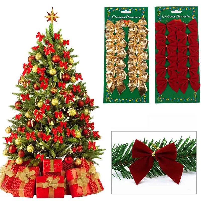 

12pcs Pretty Gold Bowknots Christmas Ornament For Tree Decorations Party Red Bowknots Baubles New Year Xmas Christmas Home Decor